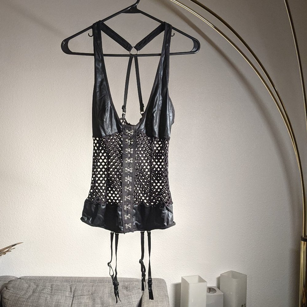Goth Black Fishnet Corset Top w/ Removable Garter Straps Size S/M // A/B